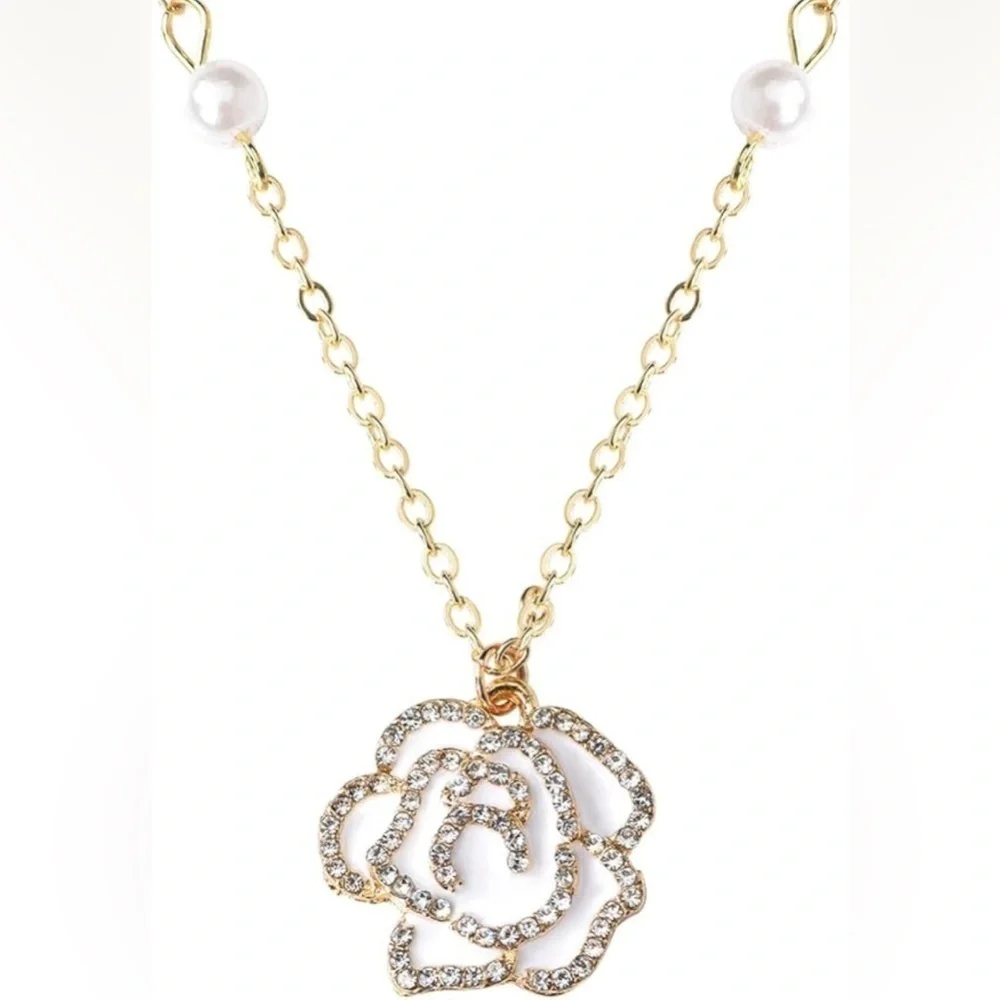 Beautiful Dainty Alloy Plated Rose Camellia Pearl Adjustable Necklace